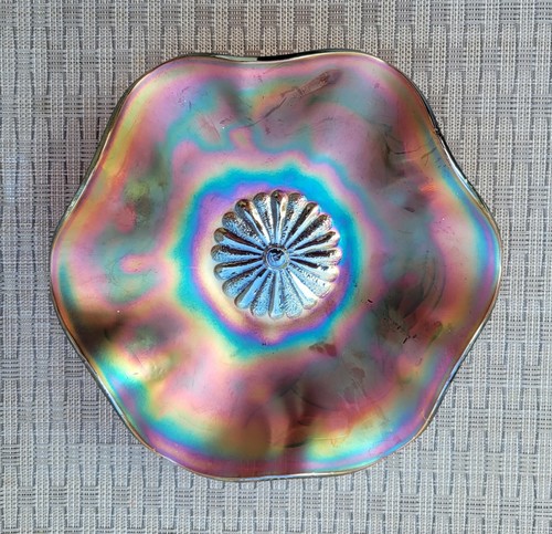 VTG Stunning Northwood Amethyst Ruffled 7¼” Bowl Stippled Daisy & Poppy Pattern - Picture 3 of 12