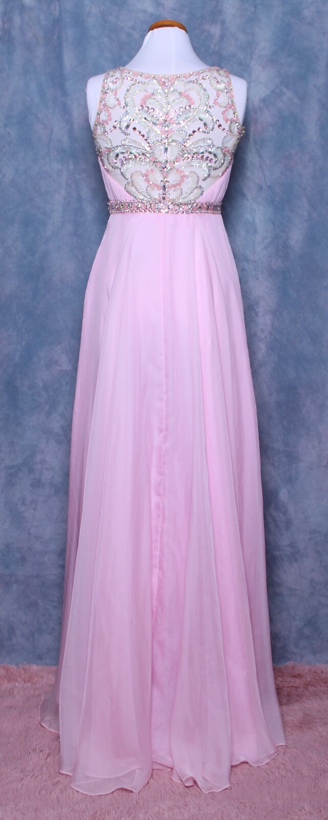 CUSTOM PINK SHIRRED CHIFFON BEADED GEMS SEQUINS PROM FORMAL GOWN DRESS