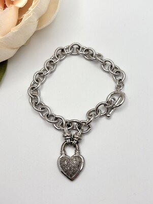 Sterling Silber 925 Herz Vorhängeschloss Bettel Knebelarmband mit Diamanten - geprüft