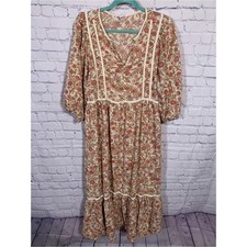 Old Navy Womens Cottagecore Floral Long Sleeve Midi Dress Tan Red Size L Prairie