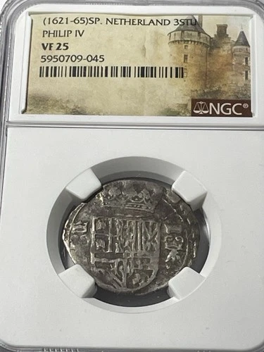 King Philip IV Spanish Netherlands 1621-1665 NGC VF25 3 Stuivers Silver COB Coin