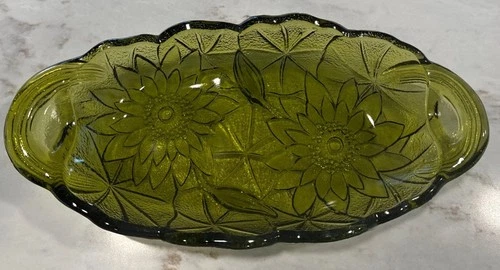 VINTAGE AVOCADO GREEN INDIANA GLASS FLORAL SUNFLOWER OVAL Relish~CANDY~ NUT DISH