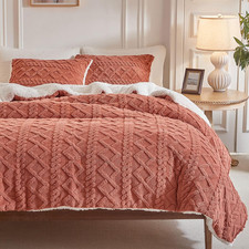 3-Piece Fluffy Faux Fur Sherpa Comforter Set, Queen Size Brownish Red Luxury Tuf