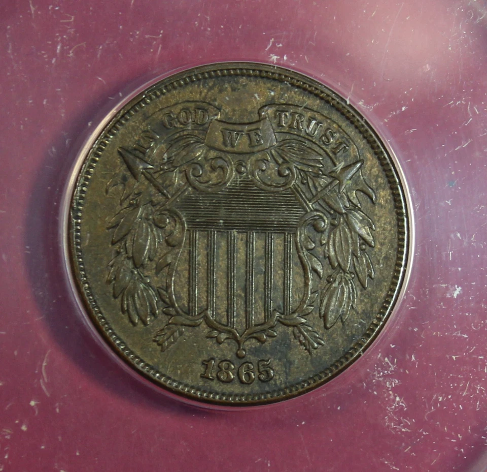 1865 FANCY 5 TWO CENT PIECE  ANACS AU50 - Image 2 of 4