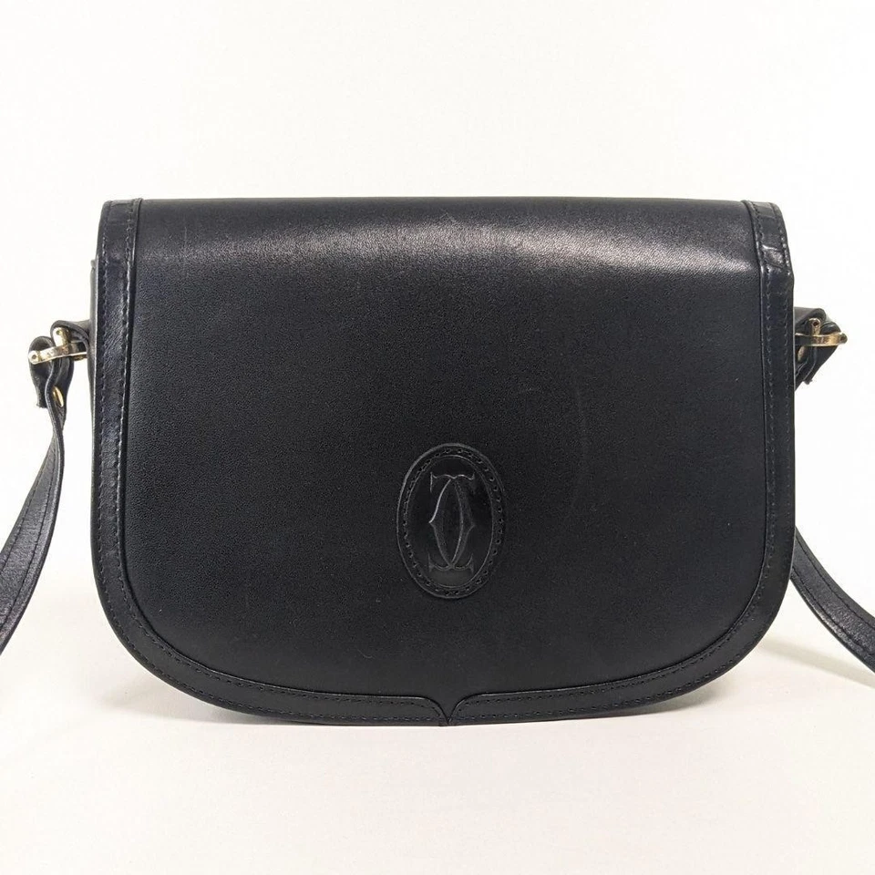 Good condition Cartier Must Line shoulder bag black leather gold hardware mzmr A - Image 2 of 4