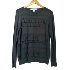 Diane von Furstenberg DVF Benni Black Ruffle Sweater Size M Merino Wool 