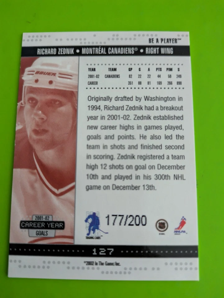 2002-03 ITG Be A Player Memorabilia Ruby /200 Richard Zednik #127 - Image 2 of 2