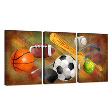 Sports Theme Canvas Wall Art, Soccer Basketball Basketball Sports Framed Wall...