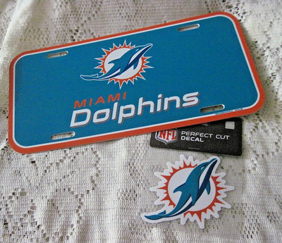 MIAMI DOLPHINS  PLASTIC LICENSE PLATE  6'' X 12'' SUNBURST LOGO PLUS 4''  DECAL NEW