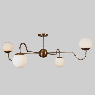 Mid-Century Modern Brass Sputnik Chandelier with Milky Glass Globes Bedroom Fixt