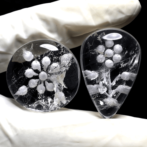 Flores congeladas ~ 2 piezas piedras preciosas de cabina talladas con intaglio inverso de cuarzo transparente natural - Imagen 9 de 10