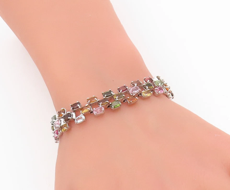 Pulsera de plata de ley 925 vintage piedras preciosas reales cadena triple fila BT11541 Foto 3 de 4