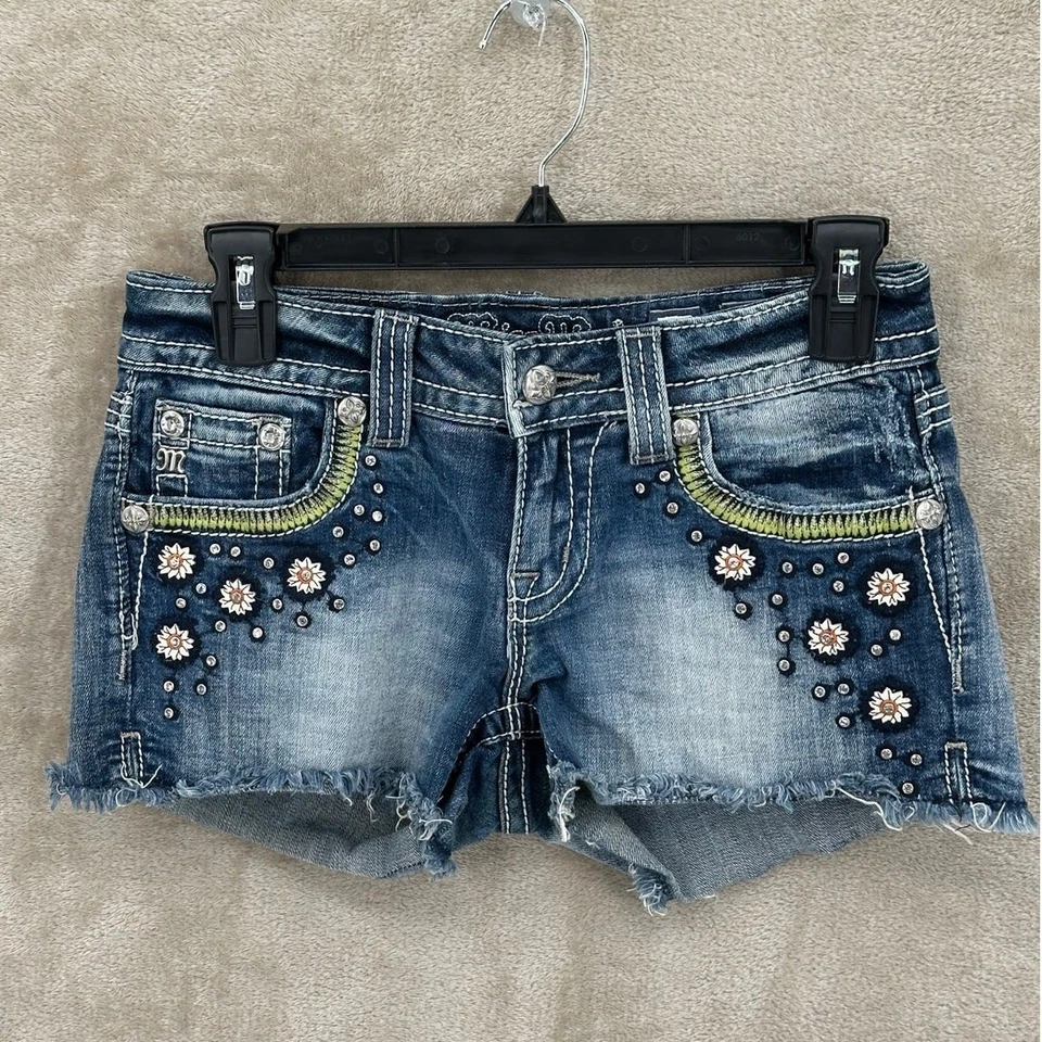 Pantalones Cortos Miss Me Mujer 26 Lavado Oscuro Floral Bordado Adornado Boho Festival Foto 2 de 4