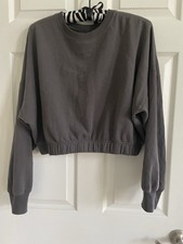 Hollister Dark Grey Pullover Fleece Banded Elastic Long Sleeve Cropped Hoodie L