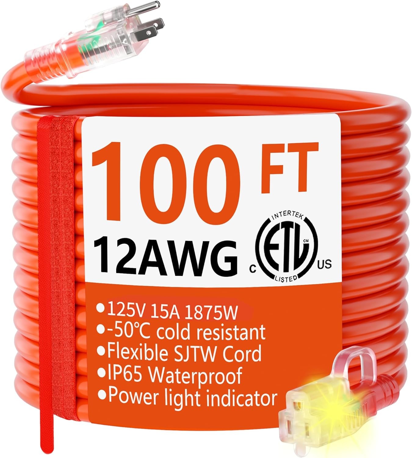 12/3 Gauge Heavy Duty Outdoor Extension Cord 100 ft Waterproof with Lighted end