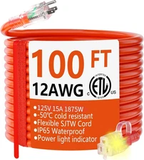 12/3 Gauge Heavy Duty Outdoor Extension Cord 100 ft Waterproof with Lighted end