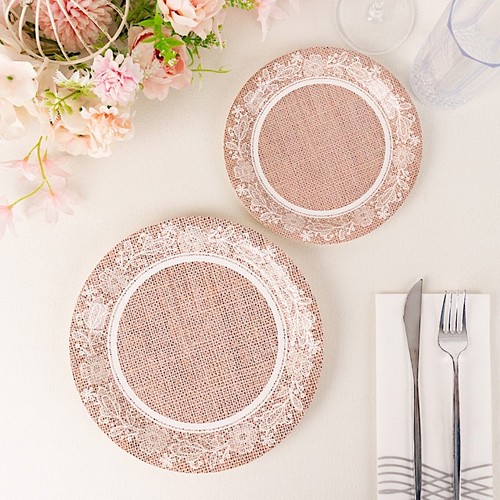 25 Natural 9" Burlap Print Floral Lace Paper Dinner Plates Party Events Supplies - Picture 5 of 9