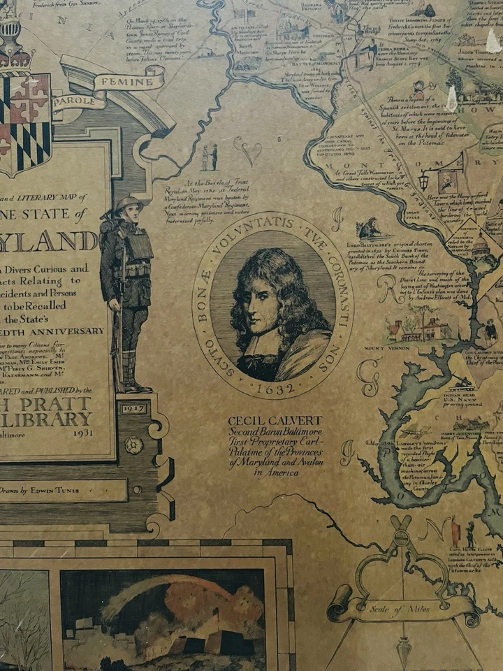 1956 Вторичный Принт 1931 300-летие Hist. Живописная карта Мэриленда  - Изображение 3 из 4