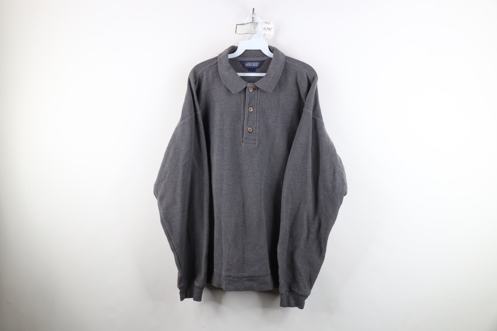 Vtg 90s Lands End Mens XL Faded Heavyweight Cotton Weave Long Sleeve Polo USA