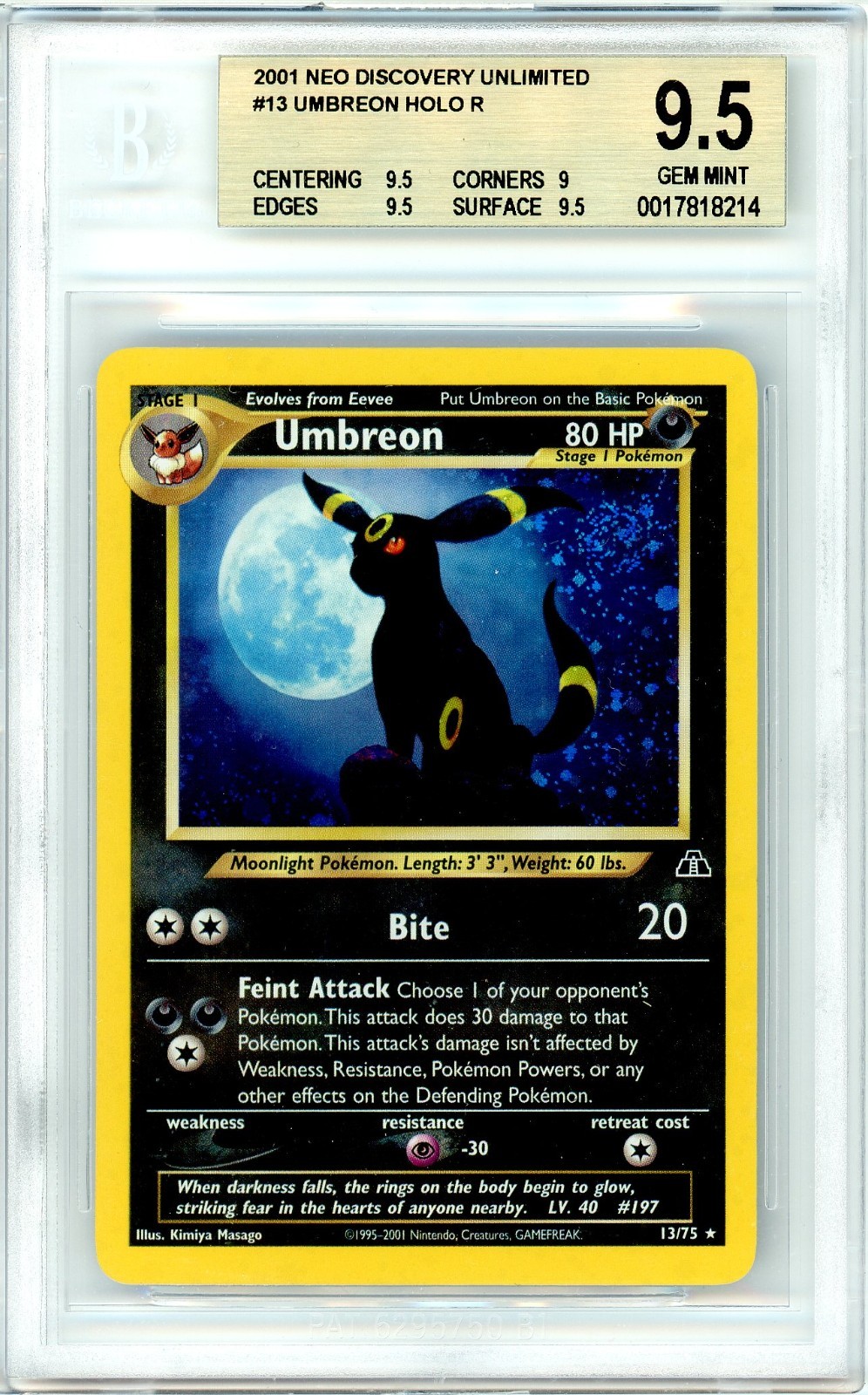 Pokemon Umbreon #13 Neo Discovery Unlimited BGS 9.5 Gem Mint