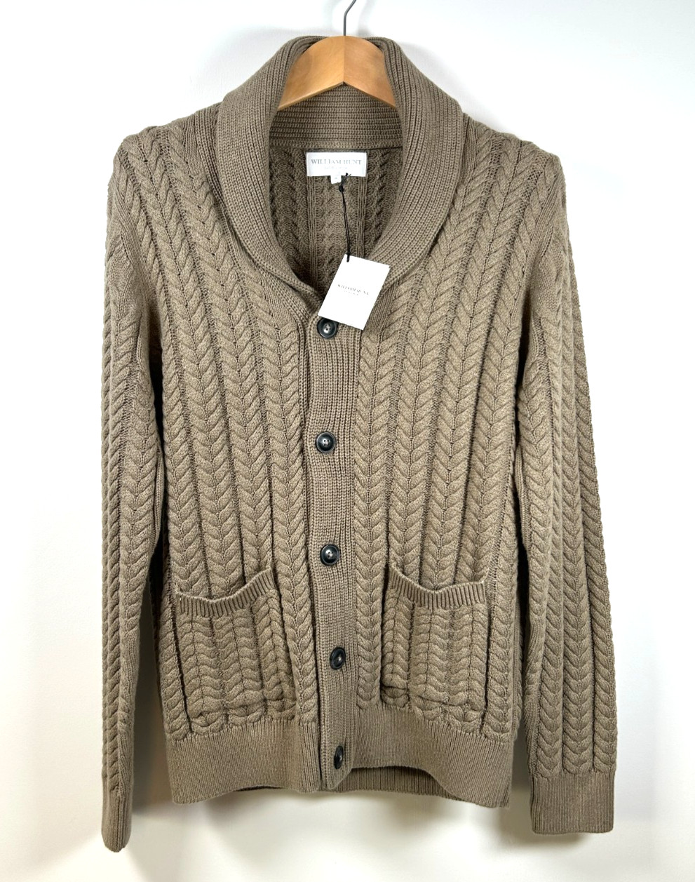William Hunt Shawl Collar Cable Knit Cotton Cardigan Beige M New £185 RRP