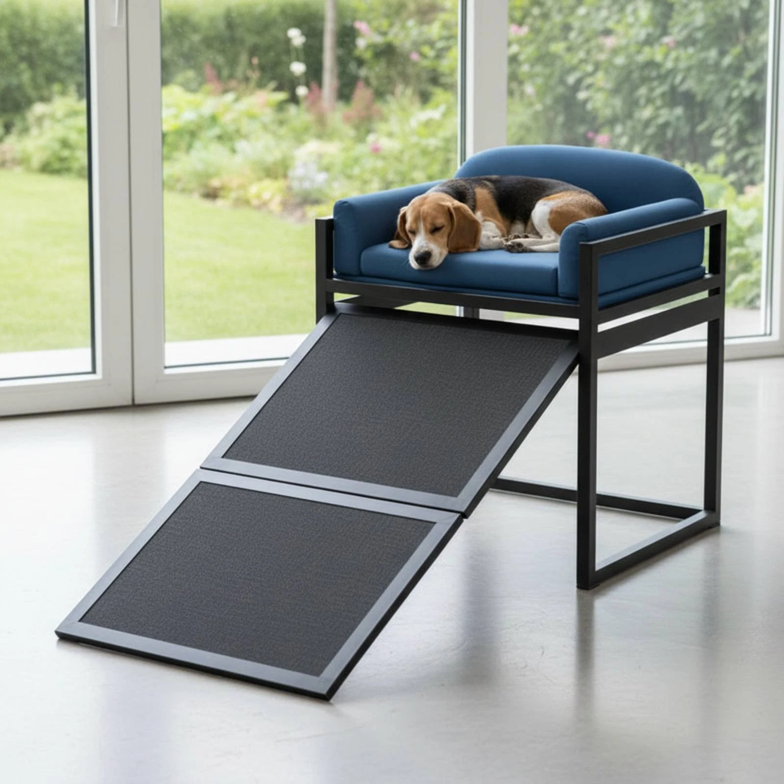Bedside Pet Companion Chair Sturdy Metal Frame Raised Pet Sofa with Ramp