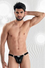 Eros Veneziani Men 7169 Black Mini Removable Thong String Striped Made in Italy