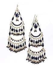 GORGEOUS Lightweight Black Onyx Crystals Gold Filled 3 Tier Chandelier Earrings