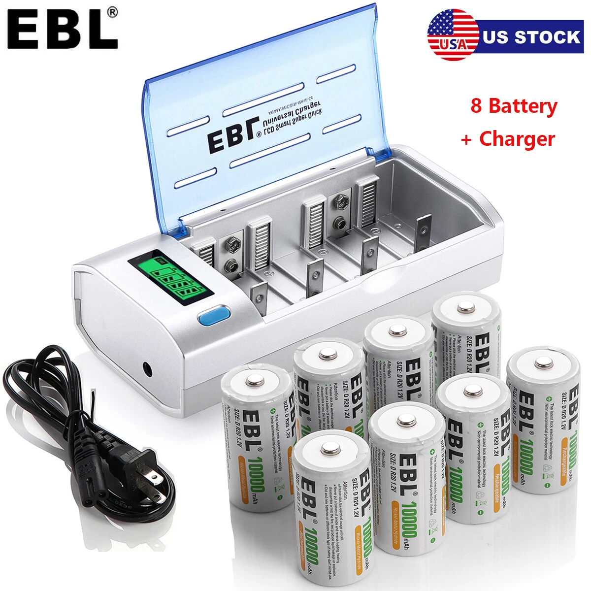 4x 10000mAh D Cells NiMH Rechargeable Batteries + C D 9V AA AAA Battery  Charger