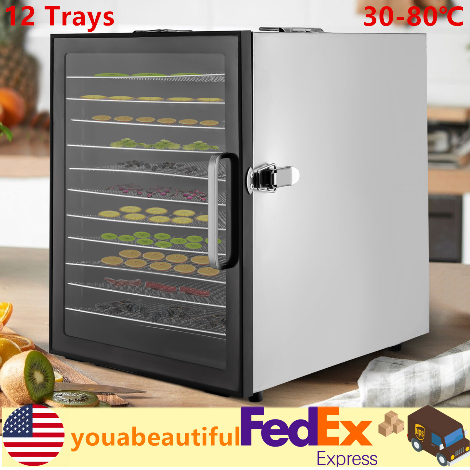Commercial Food Dehydrator 12 Trays Stainless Steel Fruit Meat Jerky Dryer Timer