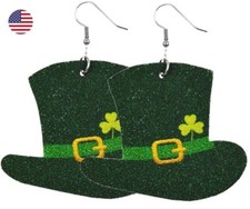 Dark Green PU Leather St Patrick's Day Leaf Clover Hat Earrings 70mm 154