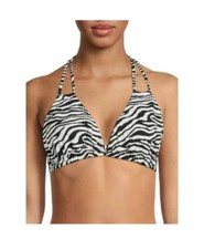 TIME AND TRU Women  s Halter Triangle Swim Top Black  White Zebra Print - New