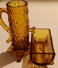 Amber Glass Pump Tree and Wood Trough Planter Vase. Never Used.