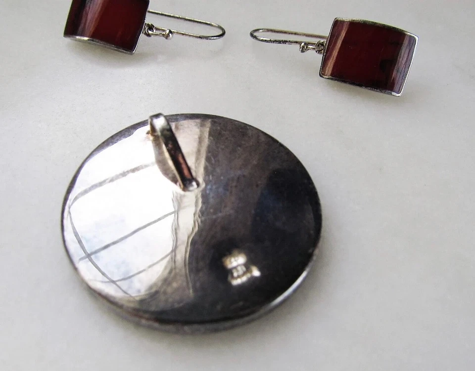 Juego de Pendientes y Colgantes Vintage Esterlina México ATI Jaspe Rojo ETC4639 Foto 3 de 4