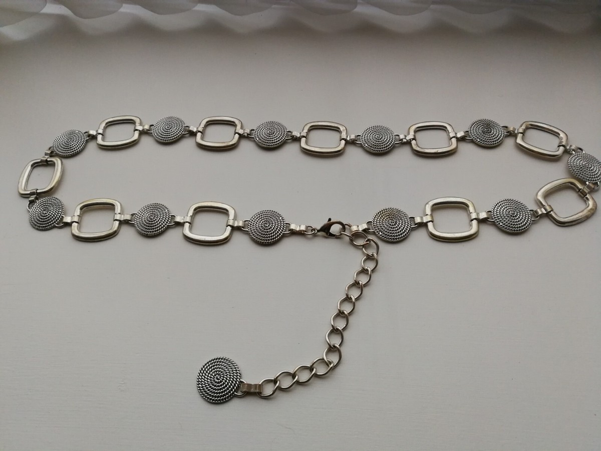 Vtg Silver Tone Circles Square Metal Chain Link Belt 