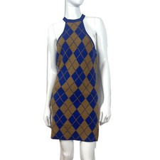 Urban Outfitters Charlie Argyle Sleeveless Sweater Knit Mini Dress Blue Tan XS