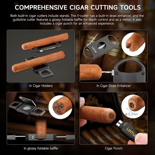 Travel Humidor Box and Cigar Accessories Set, Portable Cigar Humidor Case with 2 - Picture 3 of 7