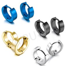 Mens Huggie Hoop Earrings Small Hinged Sleeper Ear Stud Silver Black Gold Blue