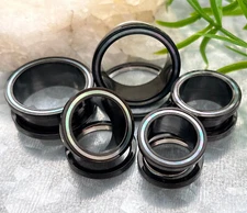 PAIR Mother of Pearl Rimmed Black Screw Fit Tunnels Gauges Plugs Body Jewelry