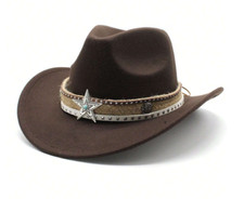 Brown Western Cowboy, Cowgirl Hat, Lone Star Strap, Men Women Retro Wide Brim