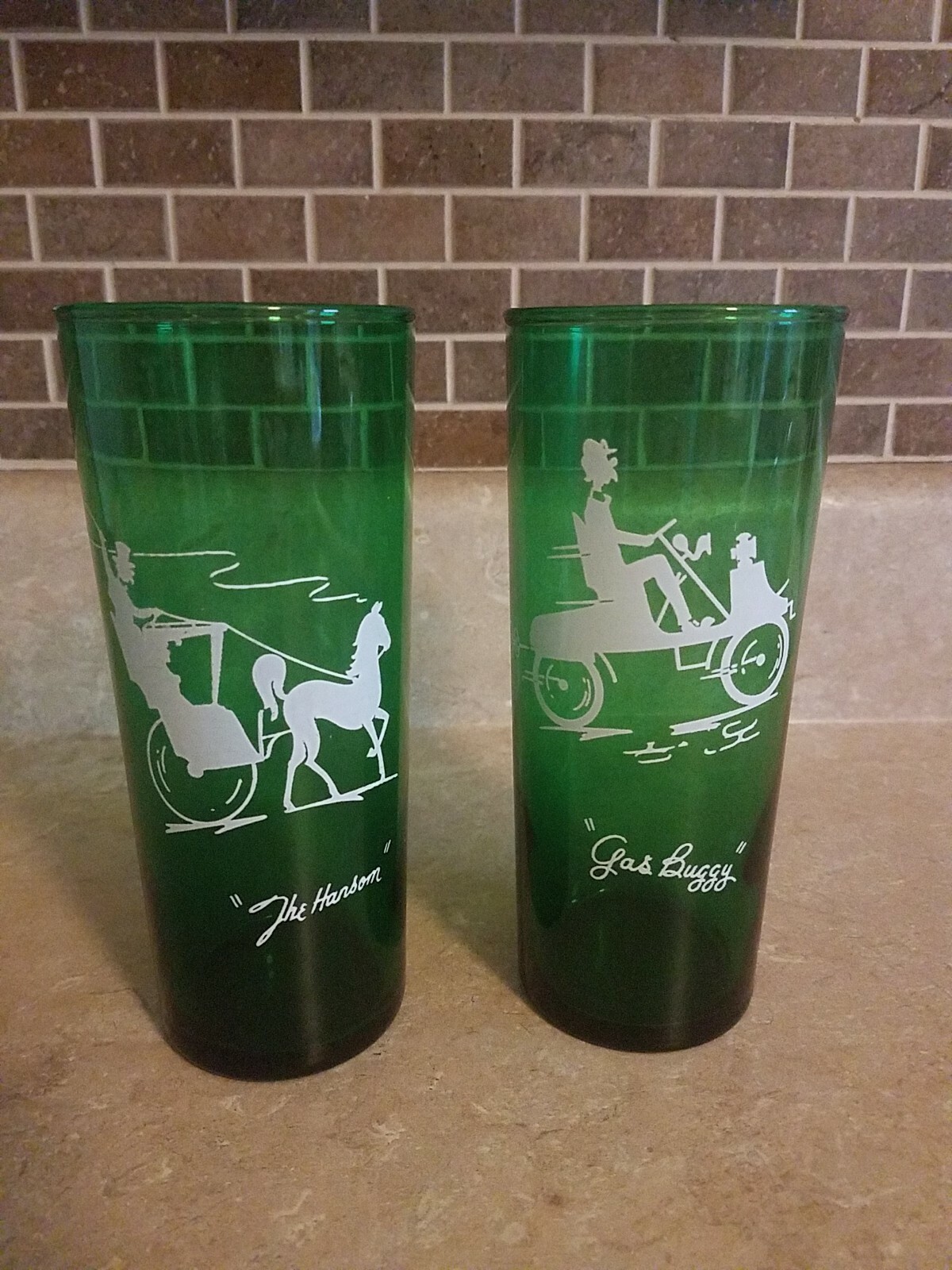 Vintage Green Drinking Glasses "THE HANSOM" "GAS BUGGY" eBay