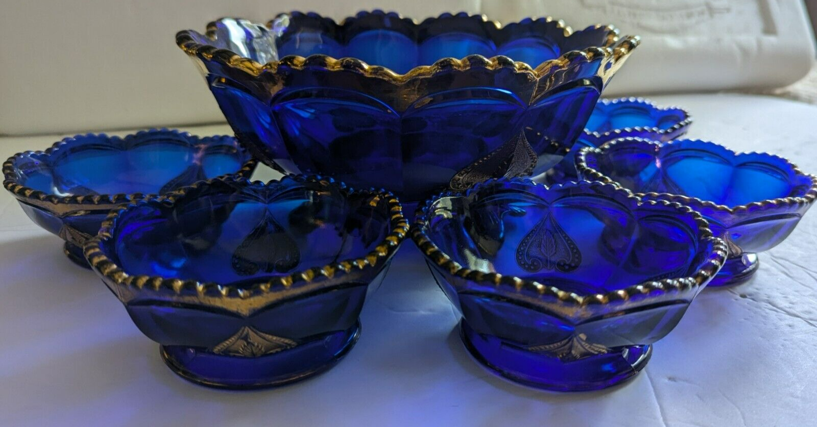 Northwood Glass Cobalt Blue Regent Leaf Master Berry Bowl 6 small Bowls EAPG