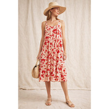 Loft Outlet Floral Print 100% Rayon Spaghetti Strap Tiered Breach Dress, Size XL