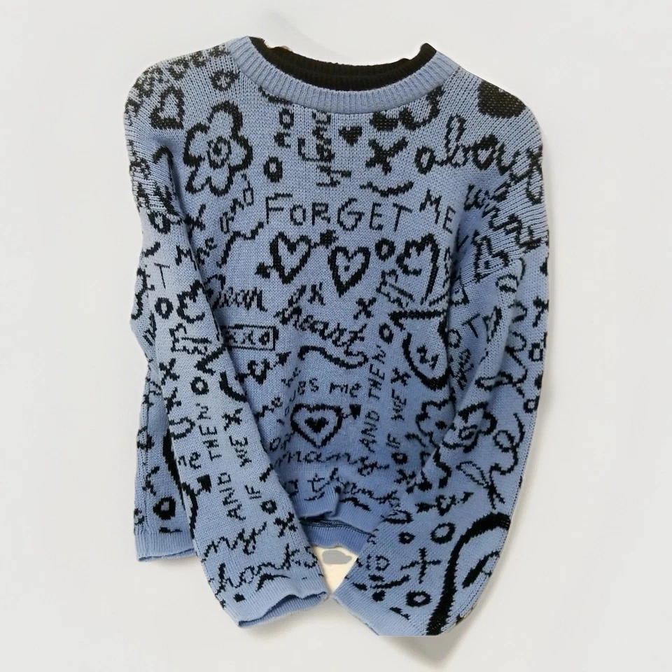 Suéter Gitano Knit Love Vintage Azul Preto Estampa Doodle Tamanho P Casual Outono Grafite - Imagem 2 de 4