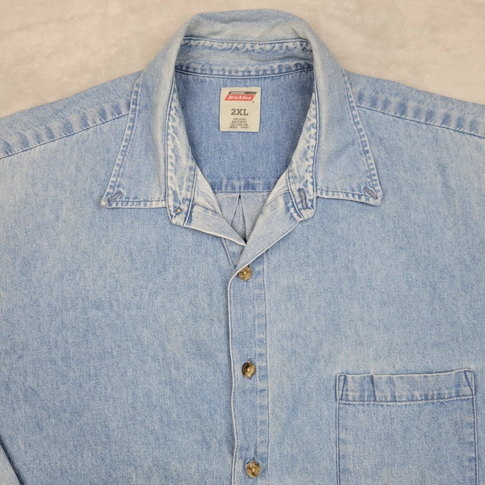 Camisa Dickies Hombres 2XL Azul Denim Abotonada Ropa de Trabajo Bolsillo Occidental Camionero Pesada Foto 2 de 4