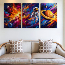 3 Pieces Vibrant Astronaut Space Scene Large Wall Art Set for Living Set Of 3