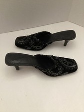 Chico’s Vtg 90s, Y2K, Boho Black Velvet Sequin Mules Kitten Heels Size 7
