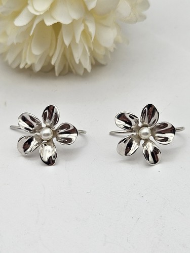 Sterling Silver Flower Earrings With Faux Pearl. Hook Fastening For Peirced Ears - Picture 3 of 9