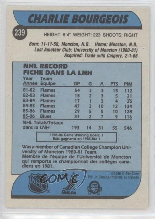 1986-87 O-Pee-Chee Charlie Bourgeois #239 Rookie RC - Image 2 of 2