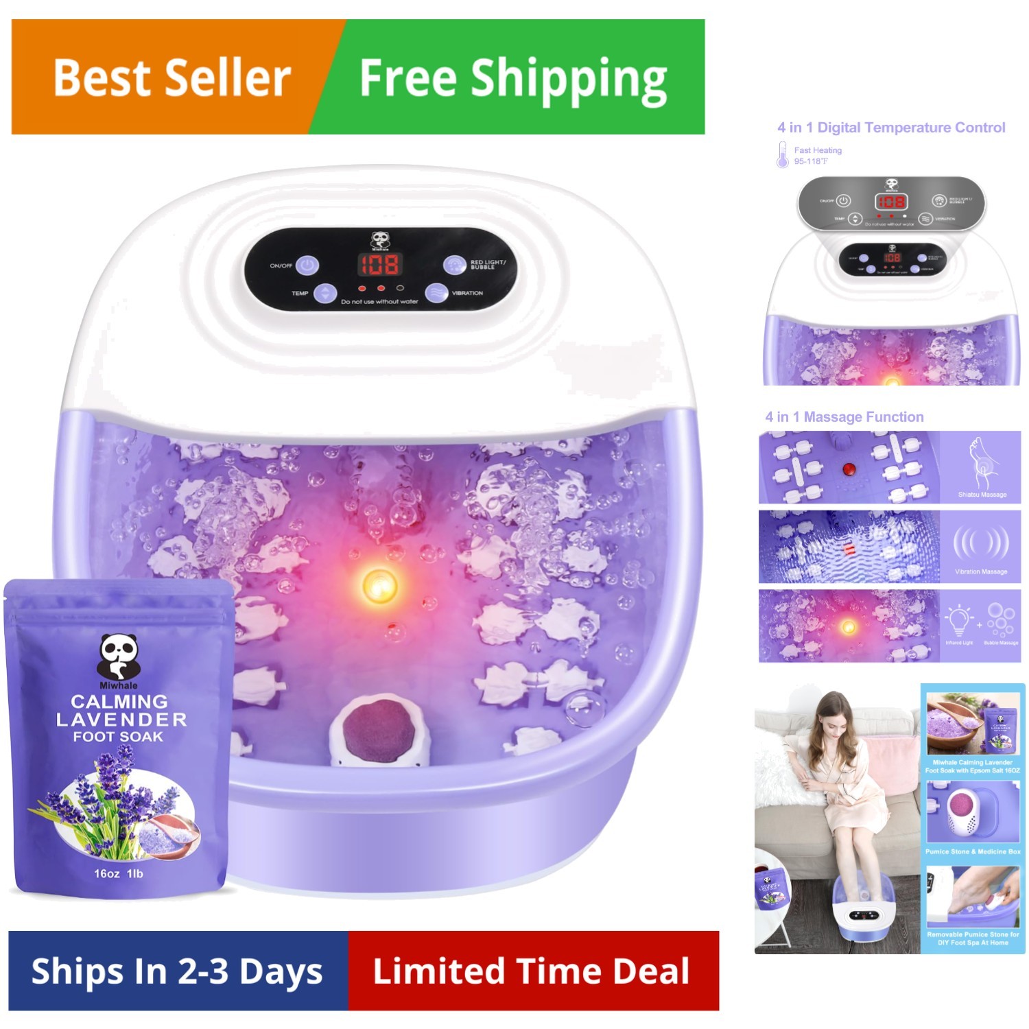 Foot Spa Bath Massager with Heat Bubbles and Vibration Massa